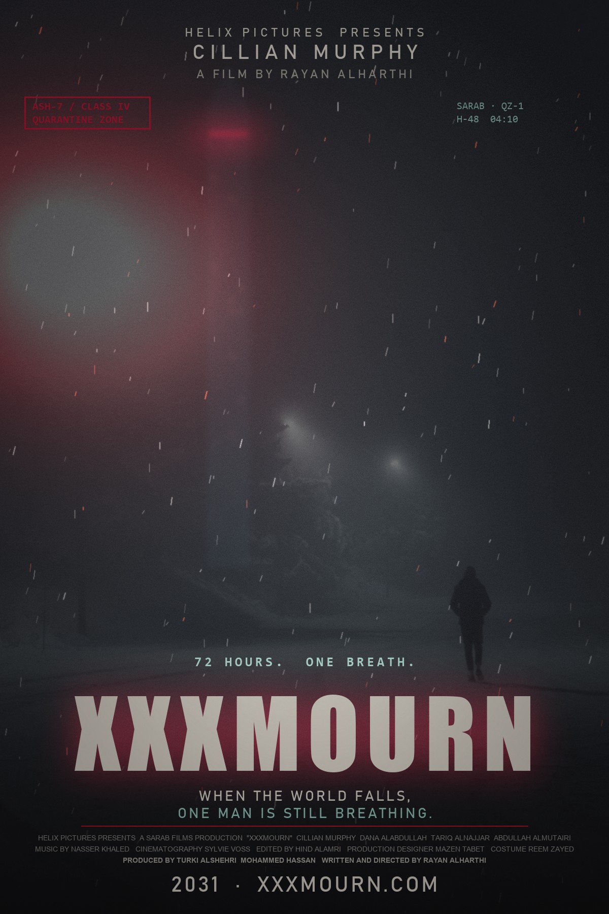 XXXMOURN one-sheet: a lone figure seen from behind, far away on a fog-covered road, a red lamp burning through the haze, the title XXXMOURN below