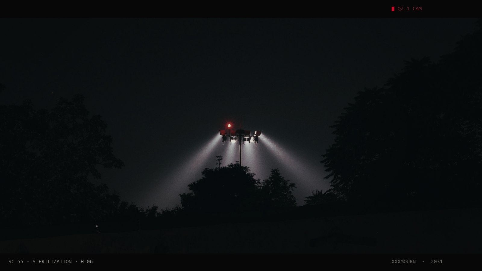 A helicopter's searchlights cutting through the night sky